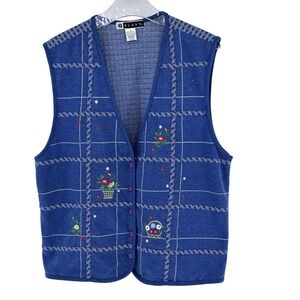Vintage Cottagecore Grannycore Sapphire Blue Plaid Embroidered Flowers VEST XL